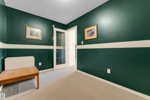 Interior room featuring deep green walls with a white horizontal accent stripe, cream carpeting, and a white six-pane glass panel door - #136 16035 132 St Nw, Edmonton, AB - Indoor Photo Showing Other Room