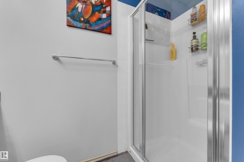 White shower enclosure with glass doors and a chrome towel bar on a light gray wall - #136 16035 132 St Nw, Edmonton, AB - Indoor Photo Showing Bathroom