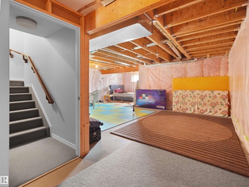 Staircase with carpeted treads and wood handrail descending to a concrete floor - 1716 60 Street Sw, Edmonton, AB - Indoor Photo Showing Other Room