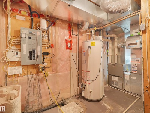 Utility room featuring a water heater, furnace, and electrical panel - 1716 60 Street Sw, Edmonton, AB - Indoor Photo Showing Basement