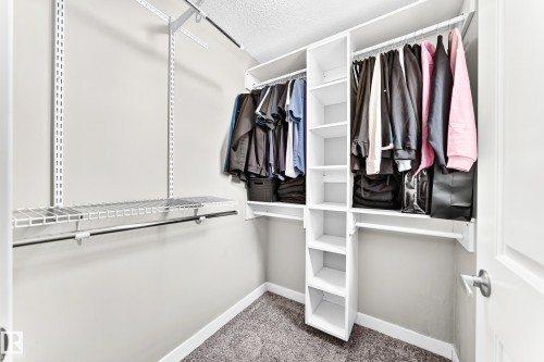 Walk-in closet featuring built-in shelving, hanging rods, and textured carpet flooring - 17508 58 Street Nw, Edmonton, AB - Indoor With Storage