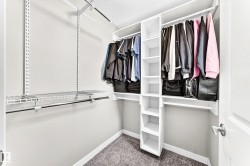 Walk-in closet featuring built-in shelving, hanging rods, and textured carpet flooring - 
