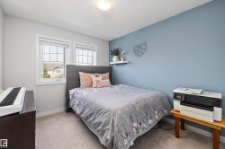 Carpeted room featuring dual windows, a paneled headboard, and a contrasting accent wall - 