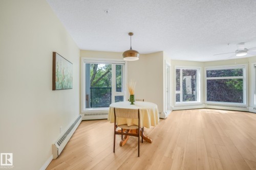 Bright open-concept space featuring lighter tone laminate flooring, a contemporary pendant light fixture, extensive bay windows, a ceiling fan, and baseboard heating - #206, 9905 112 St Nw, Edmonton, AB - Indoor