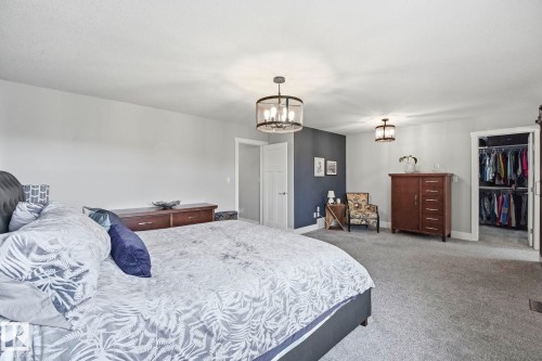 Spacious room with light gray walls, plush gray carpeting, and two contemporary ceiling light fixtures - 3 Garneau Gate, Spruce Grove, AB - Indoor Photo Showing Bedroom