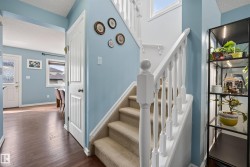 Carpeted staircase with white balusters and handrail - 