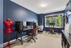 Interior space featuring light-colored carpeting, blue painted walls, and a white ceiling with a flush-mount light fixture - 