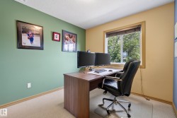 Bright room with light beige carpeting and contrasting green and beige painted walls - 