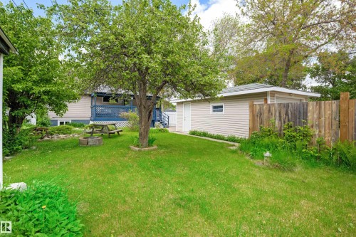 Expansive backyard featuring a mature deciduous tree, a fire pit, and a detached garage with horizontal siding and a window - 4001 113 Avenue Nw, Edmonton, AB - Outdoor