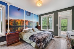 Wood-finish flooring throughout, featuring a full-light door with transom window, and a large window overlooking natural foliage - 
