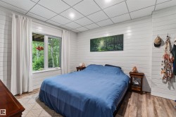 Bright basement bedroom featuring white shiplap walls, wood-finish flooring, a white grid-patterned ceiling with recessed lighting, and a double window offering exterior views of mature trees - 