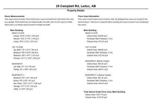 Property Details. Presentation of room measurements and floor area information for the property - 29 Campbell Road, Leduc, AB - Other