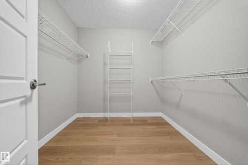 Walk-in closet featuring light wood-finish flooring, white baseboards, and neutral wall paint - 3639 15A Street Nw, Edmonton, AB - Indoor With Storage