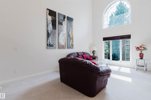 Living area featuring vaulted ceilings and an arched window - 928 Heacock Road Nw, Edmonton, AB - Indoor