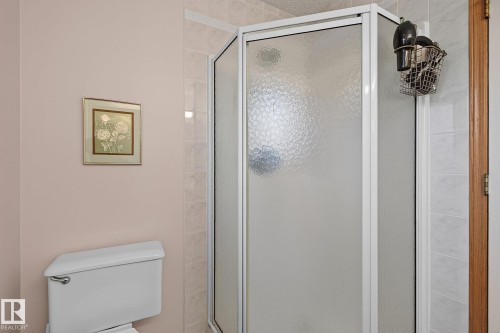 Enclosed shower in the ensuite bath with textured glass panels and white framing - 385 Meadowview Terrace, Sherwood Park, AB - Indoor Photo Showing Bathroom