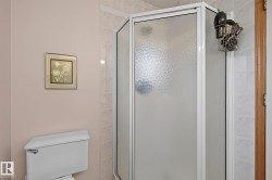 Enclosed shower in the ensuite bath with textured glass panels and white framing - 
