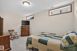 Bedroom 4 in the basement is a large carpeted room featuring a ceiling-mounted light fixture, two transom windows with wood trim, and neutral wall tones - 