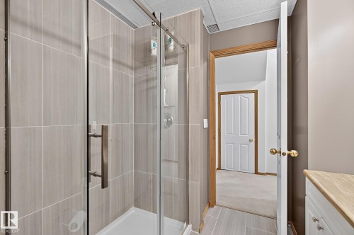Basement bathroom has a shower enclosure with clear glass doors and brushed nickel hardware - 385 Meadowview Terrace, Sherwood Park, AB - Indoor Photo Showing Bathroom