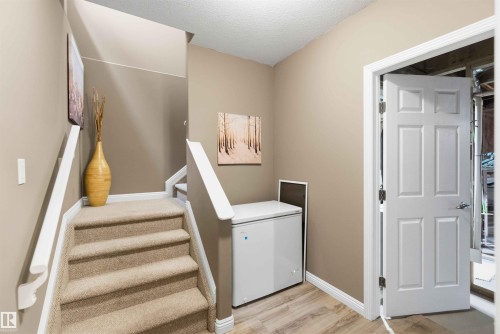 Carpeted staircase with white handrails and risers, wood-finish flooring, and a six-panel interior door - 6320 166 Avenue Nw, Edmonton, AB - Indoor