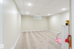 Finished room with light-toned walls and striped carpeting - 