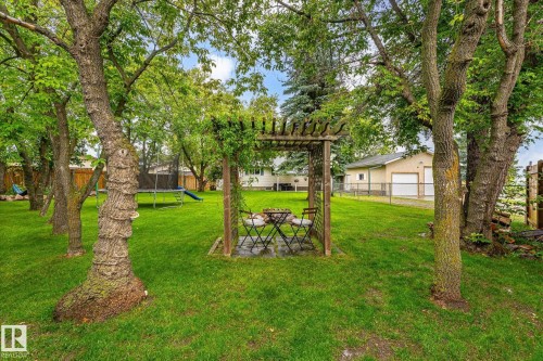 Expansive green lawn with mature trees and a wooden pergola structure - 4921 47 Avenue, Legal, AB - Outdoor With Backyard