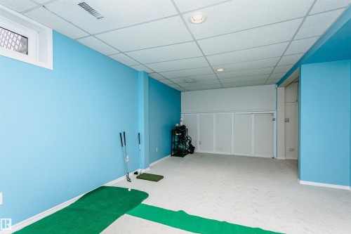 Spacious room featuring light blue painted walls, light-colored carpeting, a drop ceiling, recessed lighting, and a small egress window - 18316 78 Avenue Nw, Edmonton, AB - Indoor Photo Showing Other Room