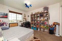 Bedroom featuring a large window with horizontal blinds, neutral carpet flooring, and a built-in shelving unit - 