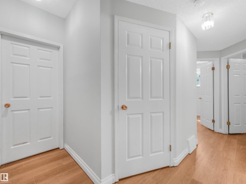 Hallway featuring wood-finish flooring, white paneled doors, and a modern ceiling light fixture - #2 3311 58 St Nw, Edmonton, AB - Indoor Photo Showing Other Room