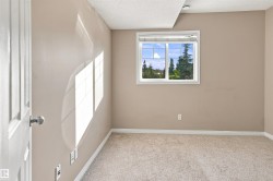 Neutral-toned room featuring a white-framed window, textured carpeting, and a white paneled door - 
