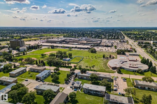 Expansive aerial perspective showcasing a neighborhood with diverse building types and abundant green spaces - 4723 105 Street Nw, Edmonton, AB - Outdoor With View