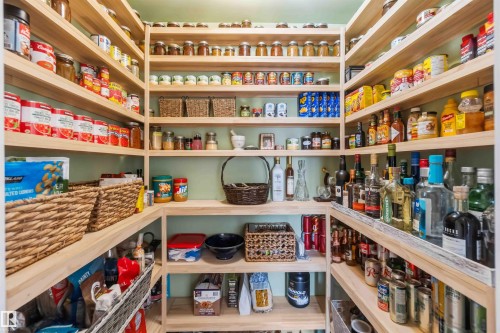 Custom-built pantry featuring extensive wood-finish shelving, providing ample storage - 11351 35A Avenue Nw, Edmonton, AB - Indoor With Storage