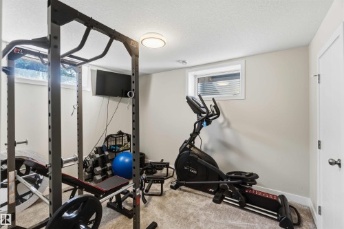 Carpeted room featuring a built-in wall-mounted television, two windows with blinds, a flush-mount ceiling light fixture, and a white paneled door with dark hardware - 11351 35A Avenue Nw, Edmonton, AB - Indoor Photo Showing Gym Room