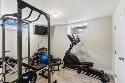 Carpeted room featuring a built-in wall-mounted television, two windows with blinds, a flush-mount ceiling light fixture, and a white paneled door with dark hardware - 