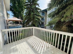 Expansive outdoor deck with white railing, overlooking mature trees and greenery - 