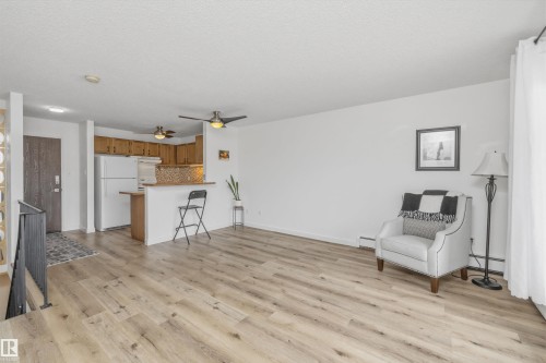 Open-concept living space featuring wood-finish flooring, white walls, and a kitchen area with wood cabinetry - #8 10931 83 St Nw, Edmonton, AB - Indoor Photo Showing Other Room