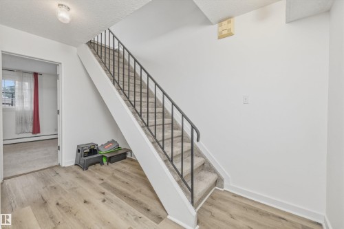 Carpeted staircase with black metal railing, wood-finish flooring, and white baseboards - #8 10931 83 St Nw, Edmonton, AB - Indoor Photo Showing Other Room