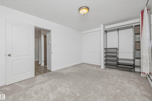 Room featuring light gray carpet flooring, white walls, and a built-in closet system with shelving and pull-out baskets - #8 10931 83 St Nw, Edmonton, AB - Indoor Photo Showing Other Room