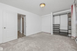 Room featuring light gray carpet flooring, white walls, and a built-in closet system with shelving and pull-out baskets - 