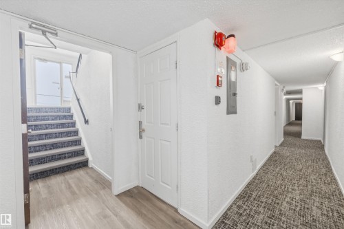 Entryway featuring wood-finish flooring, a white paneled door, and a staircase with patterned carpet and a black handrail - #8 10931 83 St Nw, Edmonton, AB - Indoor Photo Showing Other Room