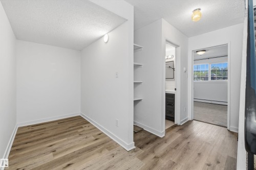 White wall finishes throughout, complemented by wood-finish flooring - #8 10931 83 St Nw, Edmonton, AB - Indoor Photo Showing Other Room