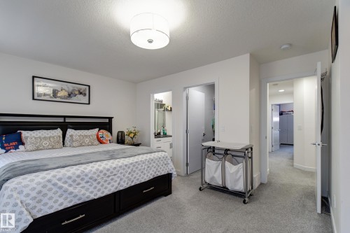 Carpeted bedroom with a built-in bed frame featuring storage drawers - #8 1703 16 Av Nw Nw, Edmonton, AB - Indoor Photo Showing Bedroom