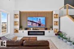 Integrated media wall featuring a wood slat accent, built-in electric fireplace, and recessed display niches - 