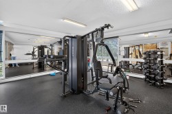 Dedicated fitness area featuring a multi-station home gym, full wall mirrors, rubberized flooring, and extensive window-line - 