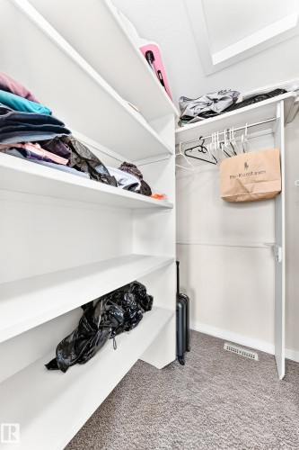 Walk-in closet featuring white built-in shelving, a garment rod, and neutral-toned carpeting - 2923 16 Street Nw, Edmonton, AB - Indoor With Storage