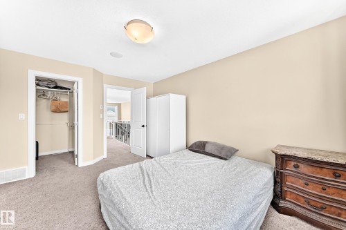 Spacious bedroom featuring neutral wall finishes, carpeting throughout, a ceiling-mounted light fixture, and direct access to a walk-in closet - 2923 16 Street Nw, Edmonton, AB - Indoor Photo Showing Bedroom