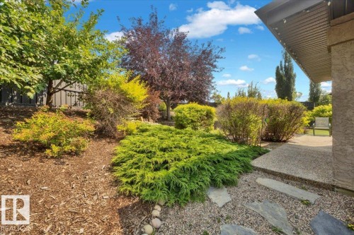 Beautifully landscaped grounds featuring mature trees, ornamental shrubs, and layered plantings throughout the yard - 928 Thompson Place Nw, Edmonton, AB - Outdoor