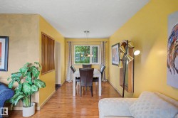 Dining area with wood-finish flooring and a central window - 