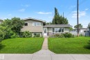 Split-level home featuring light green siding and a stone facade - 9516 129A Avenue Nw, Edmonton, AB  - Outdoor 