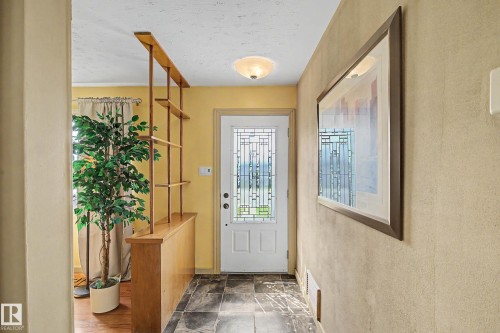 Entryway featuring a white door with decorative glass, ceiling-mounted light fixture, and dark-toned floor tiles - 9516 129A Avenue Nw, Edmonton, AB - Indoor Photo Showing Other Room