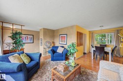 Living area featuring wood-finish flooring, a decorative room divider, and a window with a chandelier - 